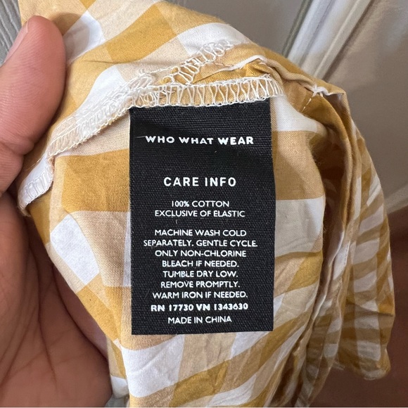 Who What Wear Midi One-Shoulder Dress - Mustard Gingham Puff Short Sleeve Cotton - Picture 8 of 8